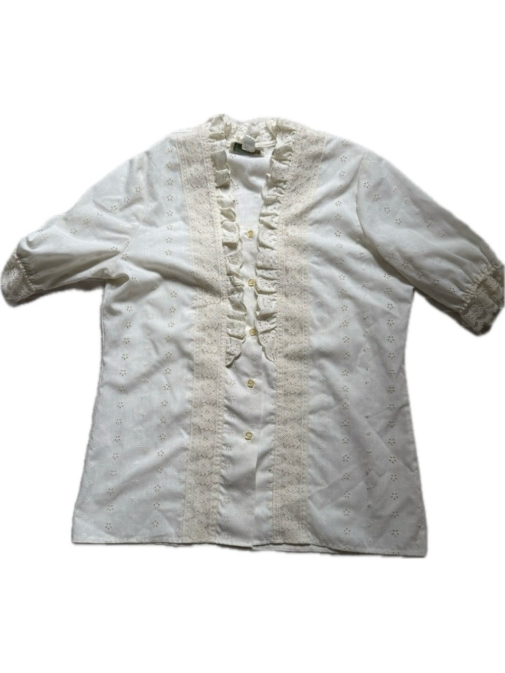 Women's Vintage Ivory Eyelet Ruffle Button-Up Blouse